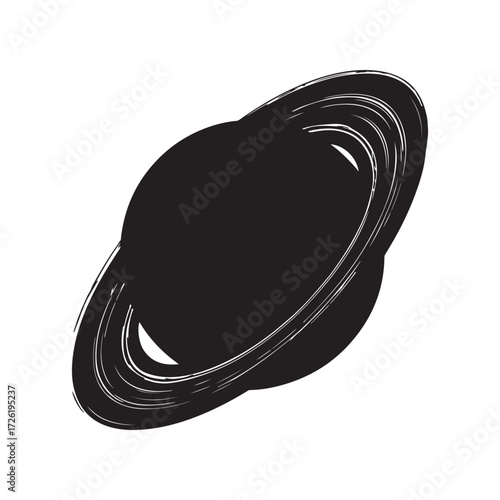 Stylized Black and White Drawing of Saturn Planet with Rings