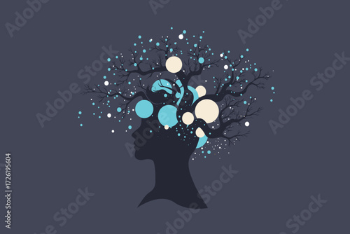 Abstract Head Silhouette with Tree Branches and Digital Nodes – Brain, Growth and Business Concept Illustration