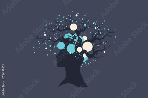 Abstract Head Silhouette with Tree Branches and Digital Nodes – Brain, Growth and Business Concept Illustration