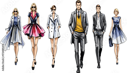 Fashion illustration, stylish models walking, trendy clothing design, modern outfit sketch, runway style, elegant apparel art, contemporary fashion drawing, lifestyle concept