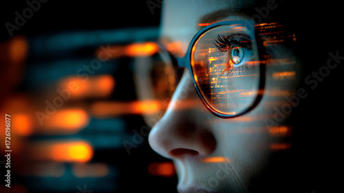 Close-up of a person wearing glasses reflecting digital code, symbolizing technology, data analysis, and cybersecurity in a dark, futuristic setting