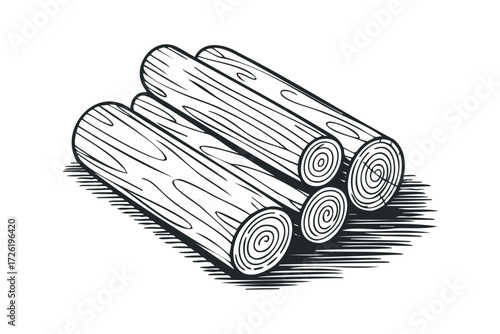 Wood logs pile sketch with wood grain texture. Vector hand drawn illustration