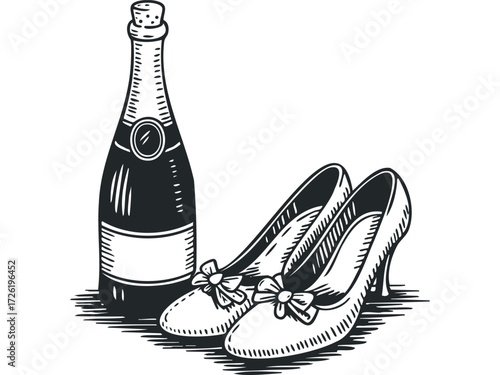 Elegant high heels with decorative bows beside champagne bottle. Vector hand drawn illustration