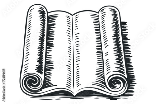 Ancient Scroll Unfurled With Detailed Hatching. Vector hand drawn illustration