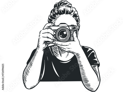 Person holding vintage camera capturing an image. Vector hand drawn illustration