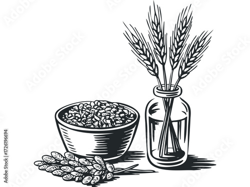 Bowl of Grains and Wheat Stalks in a Bottle. Vector hand drawn illustration