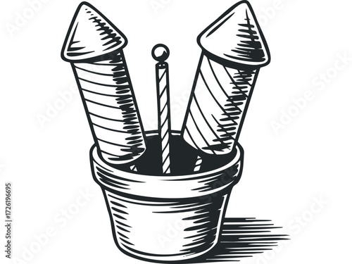 Two fireworks rockets in pot with fuse. Vector hand drawn illustration