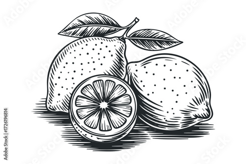 Engraved Style Lemons with Leaf and Slice. Vector hand drawn illustration