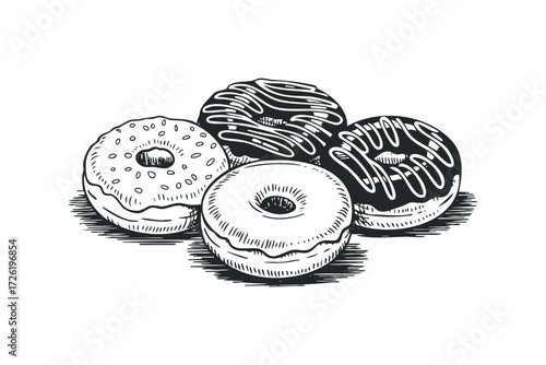 Group of four hand drawn donuts. Vector hand drawn illustration