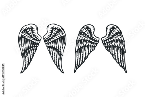 Two Pairs of Stylized Angel Wings in Black and White. Vector hand drawn illustration