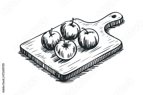 Hand Drawn Apples on Wooden Cutting Board. Vector hand drawn illustration