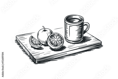 Still life with fruit and drink on cutting board. Vector hand drawn illustration