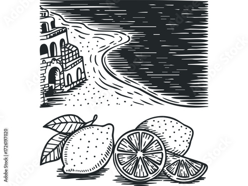 Coastal Italian Town with Lemons Illustration. Vector hand drawn illustration
