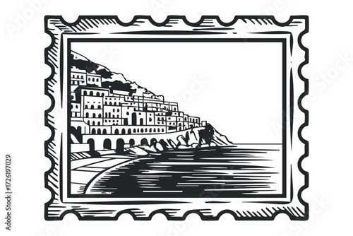 Coastal town building scene on water within postage stamp border. Vector hand drawn illustration