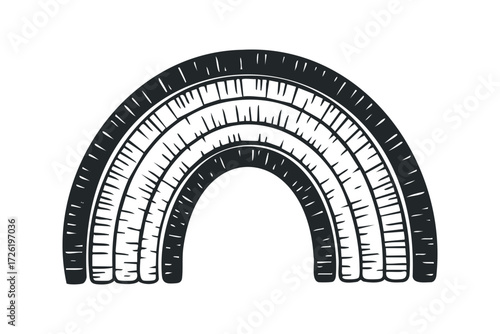 Abstract Rainbow Shape with Black and White Striped Texture. Vector hand drawn illustration