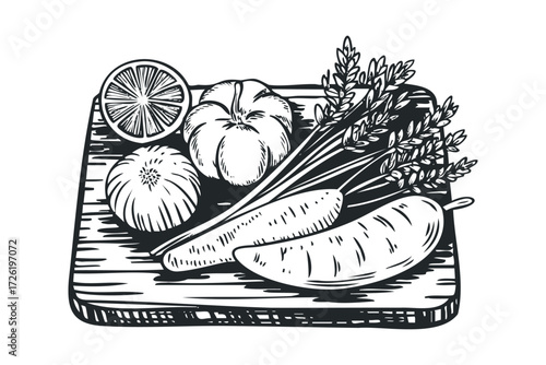 Vegetable assortment on wooden board. Vector hand drawn illustration