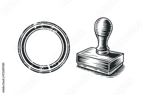 Vintage rubber stamp with circular imprint and handle. Vector hand drawn illustration