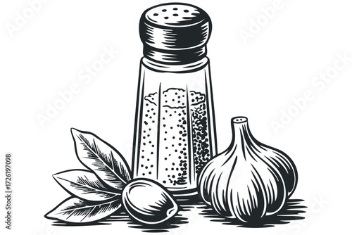 Garlic bulb with salt shaker and olive branch on white. Vector hand drawn illustration