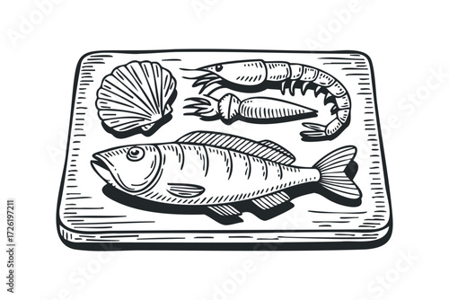 Seafood ingredients presented on a cutting board. Vector hand drawn illustration