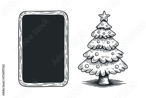 Ornate blackboard next to decorated Christmas tree. Vector hand drawn illustration