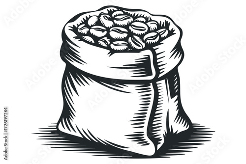 Full Sacked Fresh Coffee Beans. Vector hand drawn illustration