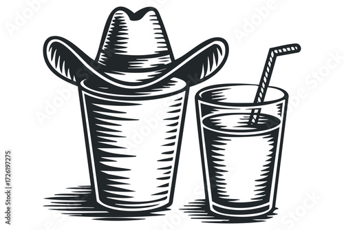 Cowboy Hat On Cup With Drink And Straw. Vector hand drawn illustration