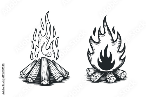 Two campfires with flames and logs. Vector hand drawn illustration