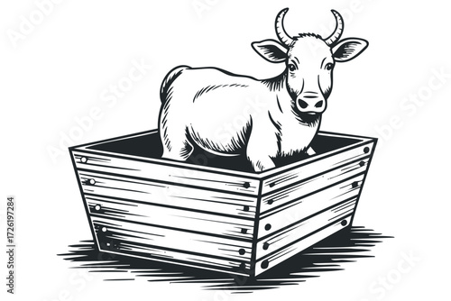 Line Drawing of a Cow Standing Inside a Wooden Crate. Vector hand drawn illustration