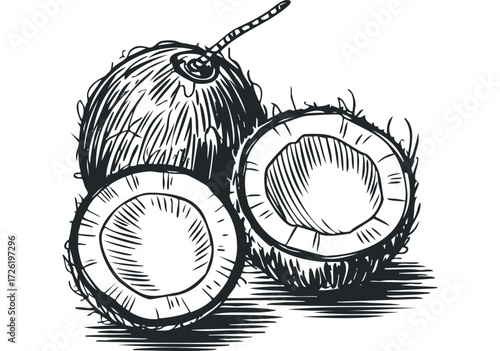 Hand Drawn Coconuts With One Split Open. Vector hand drawn illustration
