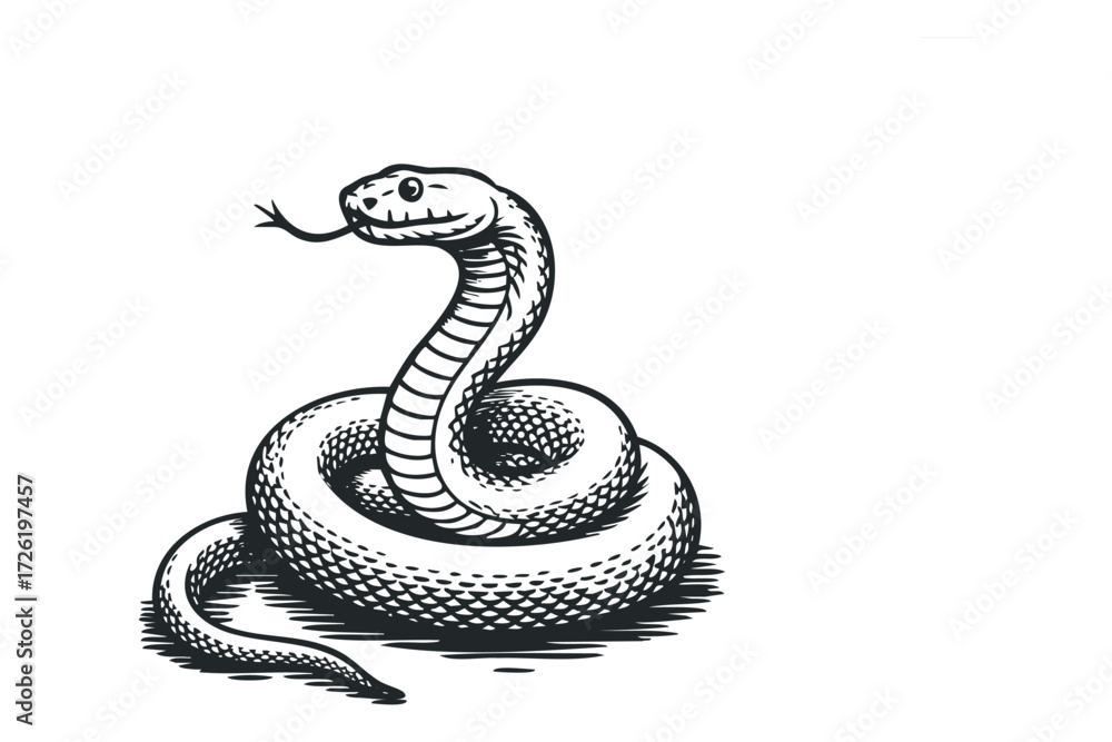 Fototapeta premium Coiled Serpent with Flicking Tongue. Vector hand drawn illustration