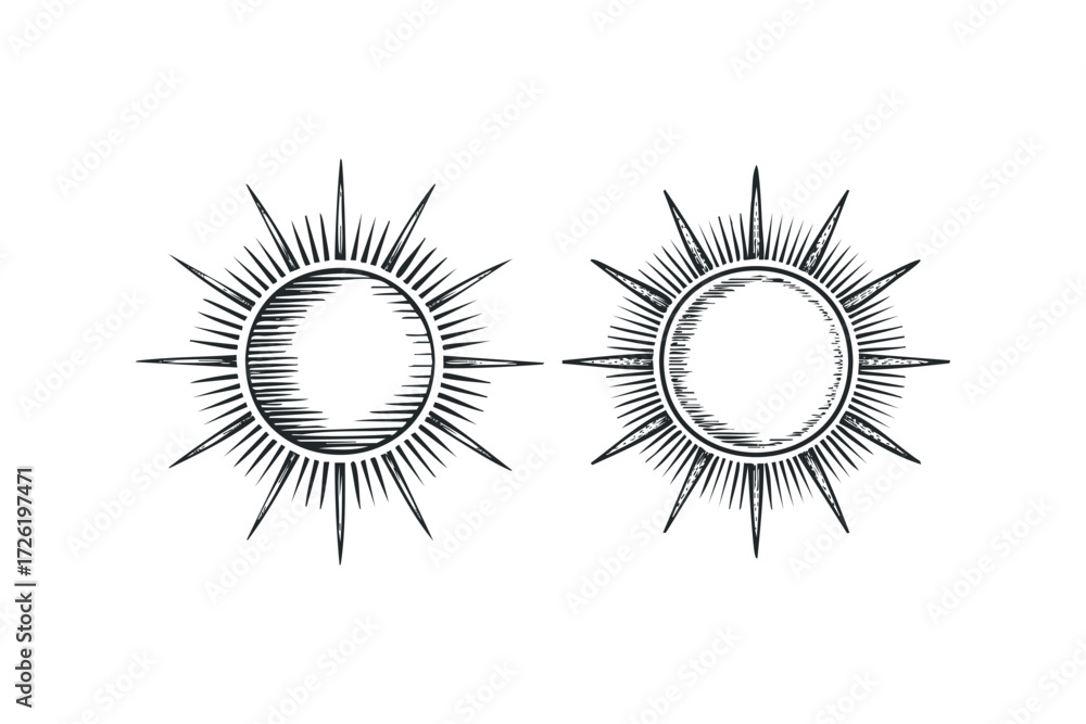 Fototapeta premium Two stylized sun emblems with radiating lines and hatching. Vector hand drawn illustration