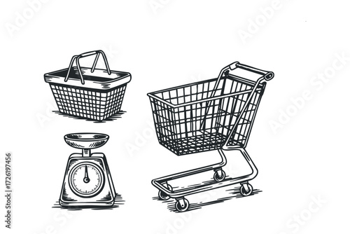 Hand-drawn sketch of a shopping cart, basket, and kitchen scale. Vector hand drawn illustration