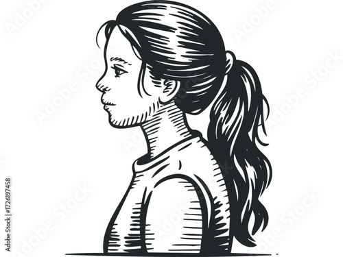 Profile portrait sketch of a girl with ponytail hairstyle. Vector hand drawn illustration