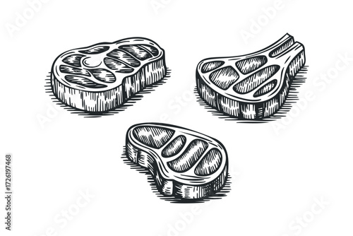 Three cuts of raw meat with crosshatched texture. Vector hand drawn illustration