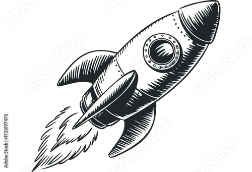 Vintage Rocket ship launching with fiery exhaust. Vector hand drawn illustration