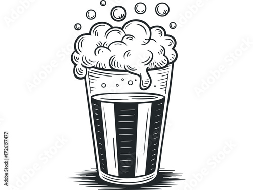 Frothy Lager Beer in Tall Glass. Vector hand drawn illustration