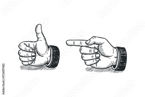 Two hands gesturing approval and direction. Vector hand drawn illustration