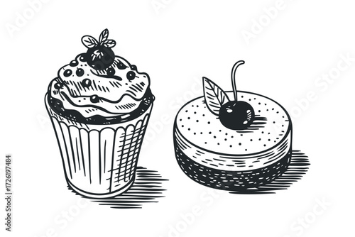 Hand Drawn Cupcake and Round Cake with Cherry. Vector hand drawn illustration
