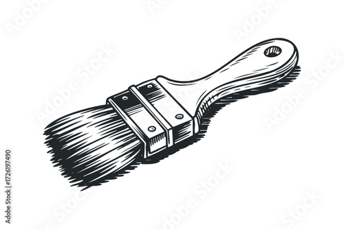 Sketch of a Paintbrush with Bristles and Wooden Handle. Vector hand drawn illustration