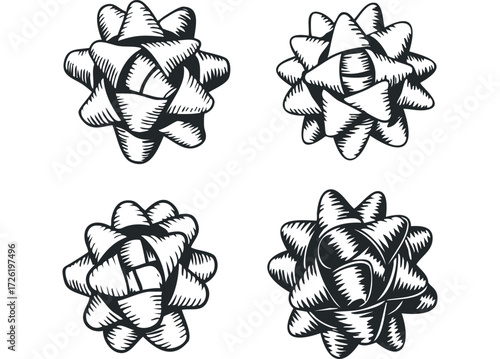 Four black and white festive bows on white background. Vector hand drawn illustration