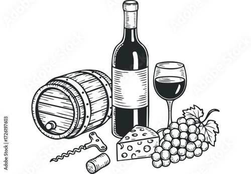 Wine bottle, glass, barrel, cheese, grapes, and corkscrew still life. Vector hand drawn illustration