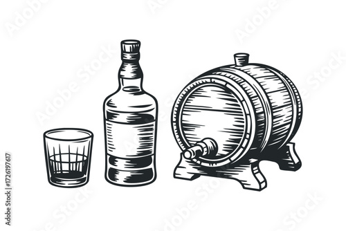 Wooden barrel with bottle and glass of alcoholic drink. Vector hand drawn illustration