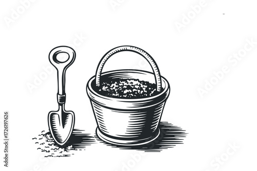 Shovel and Bucket Filled with Soil Illustration. Vector hand drawn illustration