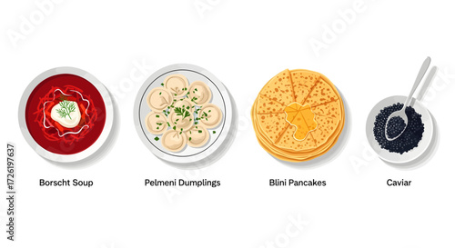 Illustration of four Russian dishes: borscht soup, pelmeni dumplings, blini pancakes, and caviar, presented on white plates.