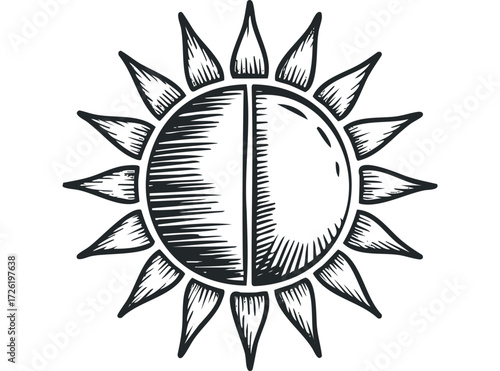 Hand Drawn Sun Symbol With Rays and Hatching. Vector hand drawn illustration