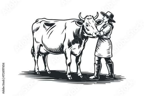 Farmer affectionately petting healthy cow in rural setting. Vector hand drawn illustration