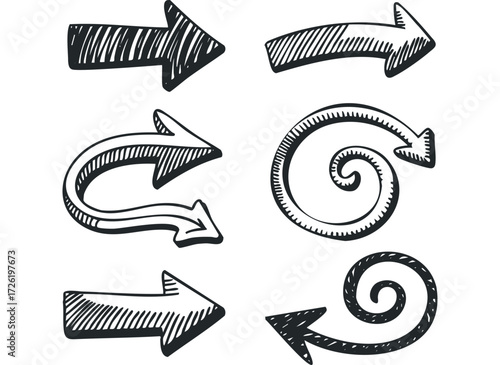 Collection of Hand Drawn Arrows and Spiral Shapes. Vector hand drawn illustration