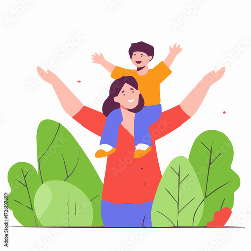 Joyful illustration of a mother giving her child a piggyback ride, celebrating love and family, surrounded by vibrant greenery, against a bright background