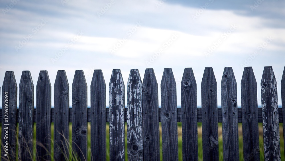 Obraz premium Weathered Picket Fence Against a Soft Cloudy Sky, Showing Signs