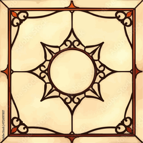 Ornate illustration of a decorative wrought iron pattern, featuring intricate designs and shapes, against a light background